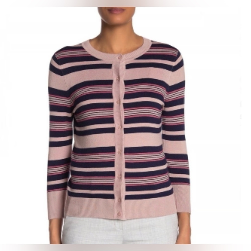 Halogen Womens Striped Button Down Cardigan Sweater Pink Navy Blue LP